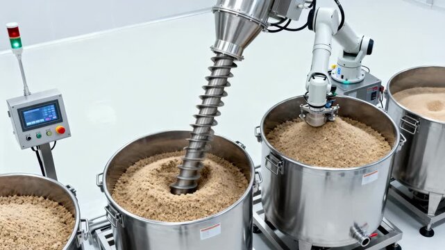 Medium shot showing augerfed system transporting inedible byproducts into containers highlighting automated processing and containment in a sterile facility environment.