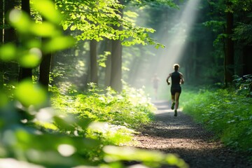 Morning run through sunlit forest path with woman jogging in scenic nature