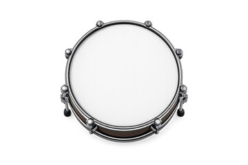Obraz premium Top view of a snare drum with a white head and chrome hardware on a black background