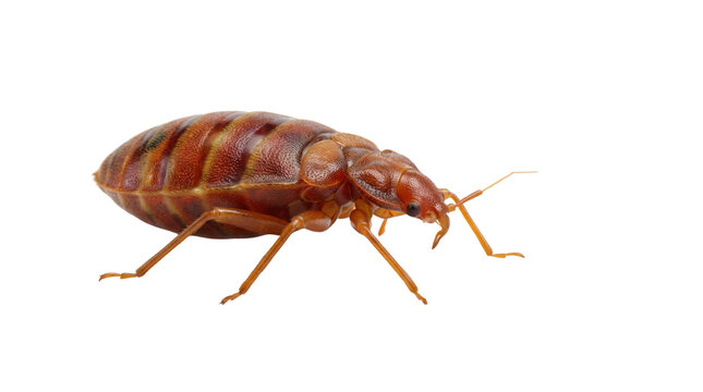 Close-up of a single brown bed bug on a white background