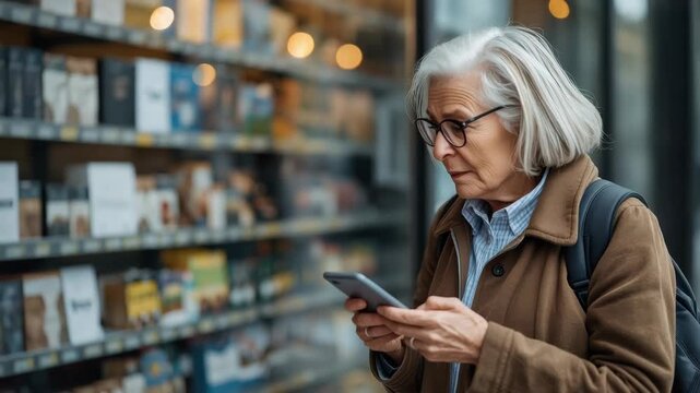 Elderly woman with gray hair using smartphone near shop window, thoughtful expression urban scene