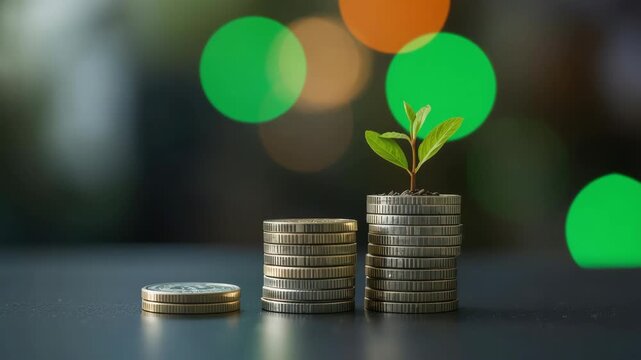 Coin stack sprout plant growth savings stacked coin pile symbolizing financial growth investment