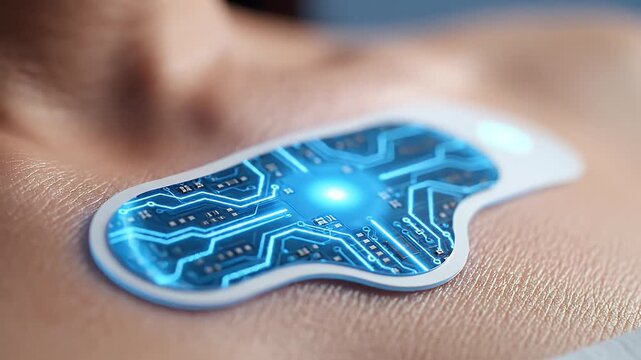 Futuristic blue circuit patch wearable technology on skin.