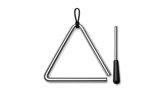 A shiny metal triangle musical instrument with a black beater on a black background