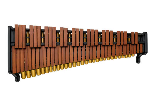 Professional marimba instrument with wooden bars and brass resonators on a black background