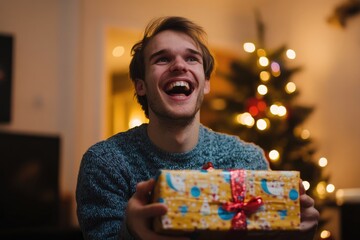 Joyful celebration: man with gift amidst confetti sparkles in festive atmosphere