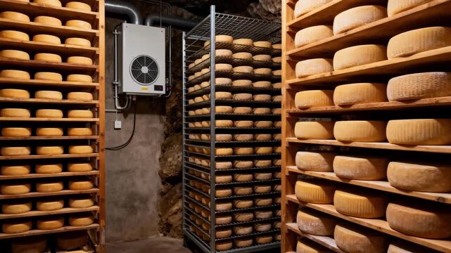 Medium shot of wooden racks filled with rows of cheese wheels in a rustic cavestyle aging room highlighting natural textures and dim lighting. Medium shot capturing