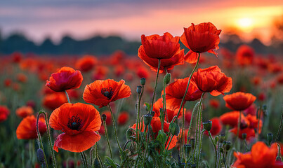 Sunrise over a field of vibrant poppies in bright colors and blooming flowers at dawn