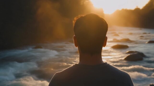 standing silhouette faces rushing river rapids during golden hour.
