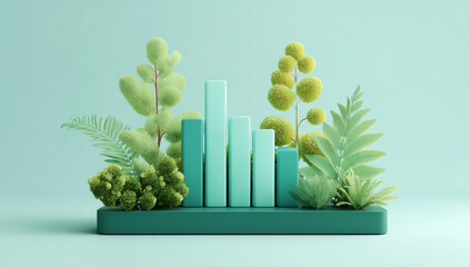 A 3D bar chart surrounded by lush greenery and plants on a teal background