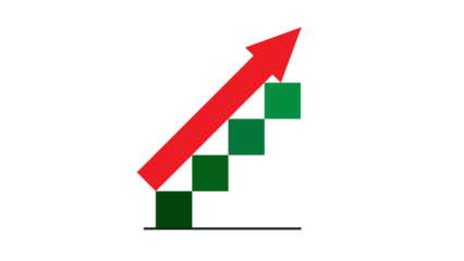 A bold red arrow ascends diagonally across green squares forming a staircase, symbolizing growth, progress, success, and upward trends.