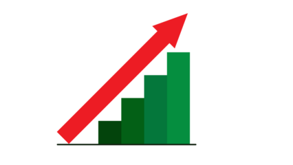 Green bar graph showing upward trend with red arrow, symbolizing business growth and positive financial performance.