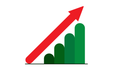 Green bar chart with rounded tops illustrating upward financial growth and positive market trends, highlighted by a red arrow.