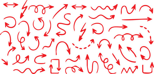 Set of hand drawn red circles and arrows. Vector illustration isolated on white background. Collection hand drawn arrows. Set simple arrows isolated on white background. Arrow mark icons. Arrow paint 