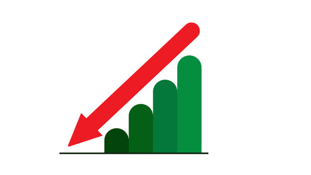 Green bar graph with rounded tops showing a downward trend, indicated by a red arrow pointing down, representing financial decline.