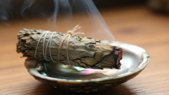 Burning sage smudge stick producing smoke on shell dish
