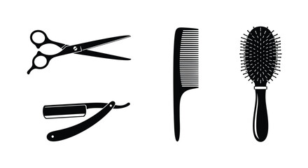 A collection of hairdressing tools including scissors, a straight razor, a comb, and a brush.