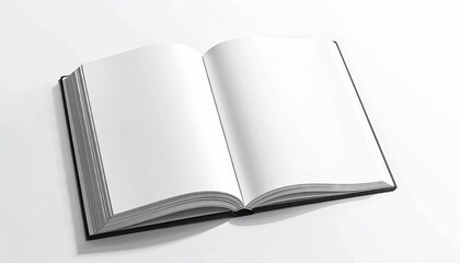 Open book with blank pages on white surface, ready for reading, writing, and creative projects.