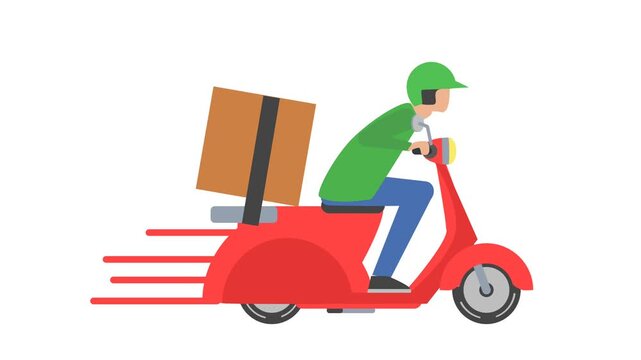 Animation of a motorbike rider delivering a package with a background that can be changed with chroma key. 