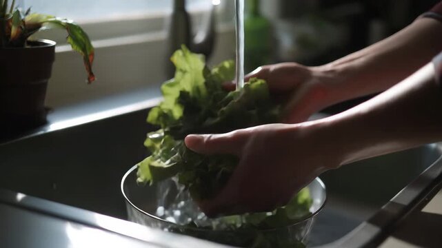 a person washing salad greens in a kitchen sink, candid everyday home cooking moment, natural window light, colder realistic tones 4K
