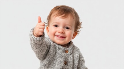 Caucasian child smiling with thumbs up gesture on white background.