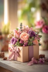 Obraz premium Mothers Day, Valentines Day, love holiday theme. A gift box adorned with a vibrant bouquet of pink, purple, and peach flowers, tied with a pink ribbon, sitting atop a wooden table.