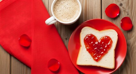 Romantic Valentine Breakfast with Heart Shaped Jam Toast and Coffee on Wooden Table