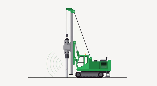 Powerful Heavy Machinery Pile Driver At Work On Construction Site Foundation Building