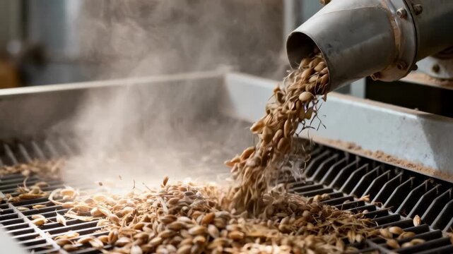 Medium shot of malt cleaning using an aspirator system highlighting the airflow separating rootlets from dried malt kernels on a vibrating grid amidst gentle swirling dust