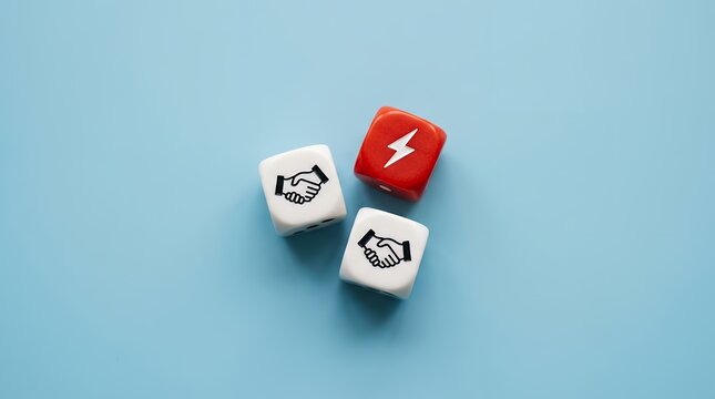 Three dice displayed against a blue surface two white dice with black handshake icons and one red die with a black lightning bolt icon dice game luck chance opportunity decision