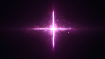 Bright pink light creating a glowing cross shape with radiating lens flare and floating particles, symbolizing spirituality, technology, or cosmic energy on a dark background