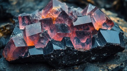 Beautiful pink and black crystals on black rock nature details vibrant colors