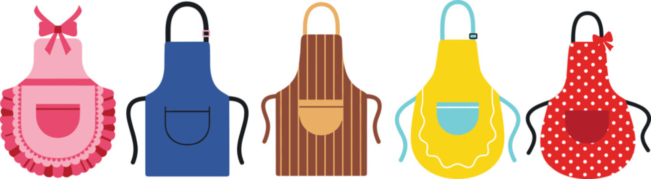 Kitchen apron vector set with colorful cooking aprons, bakery and household protective clothing isolated on white background for culinary and home design