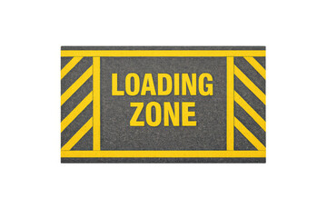 Obraz premium Yellow loading zone sign painted on asphalt with diagonal hazard stripes