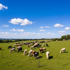 Obraz premium Numerous cattle graze peacefully upon a vibrant green pasture beneath a vast blue sky.