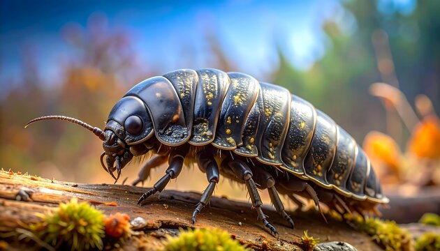 Detailed close-up of a woodlouse on a mossy log.