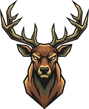 Aggressive stag head with large antlers, intense stare, modern esport logo style, vector illustration , Generative Ai