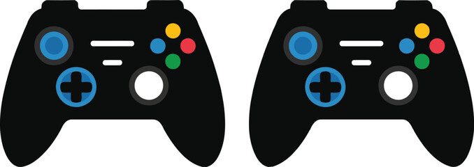 Black video game controllers with colorful buttons on white background