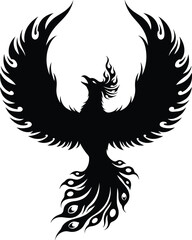 Obraz premium Eagle tattoo vector design featuring a black silhouette of a flying bird with spread wings in a tribal art style, perfect as a hawk or phoenix illustration set