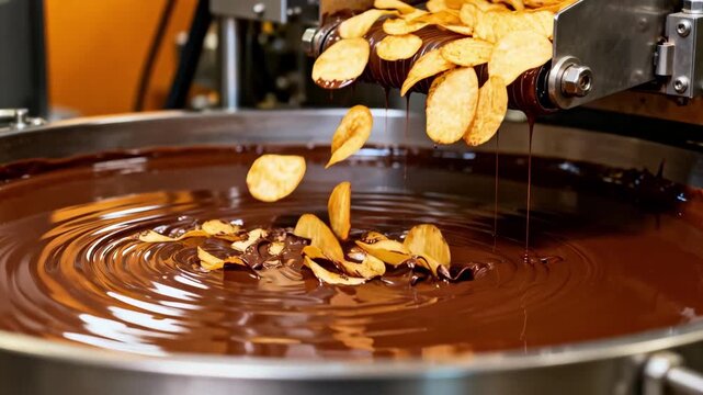 Medium shot showing a ribbon feeder depositing crisps seamlessly into molten chocolate demonstrating continuous industrial inclusion dosing in candy production.