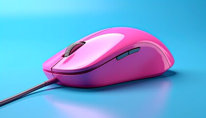A bright pink computer mouse with a cable, displayed on a vibrant light blue background