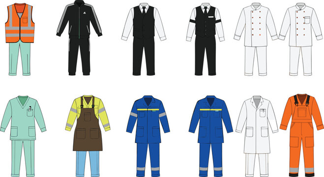 Workwear and uniform vector set with safety clothing, industrial coveralls, protective suits and professional labor outfits isolated on white background for construction and industry design