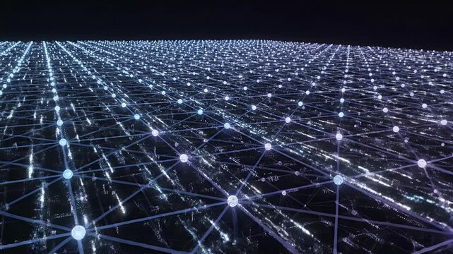 Futuristic Network Grid With Interconnected Nodes Across Horizon.