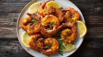 Top view of crispy fried shrimp with lemon slices and herbs on rustic plate.