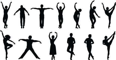 Fototapeta premium Collection of professional male and female dancer silhouettes featuring various ballet poses graceful movements and contemporary dance choreography isolated on white background for artistic design