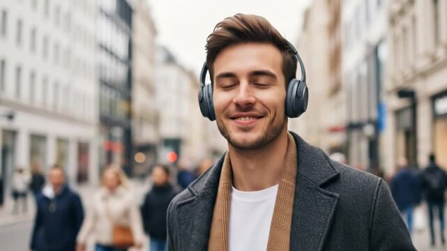 Gen Z guy wearing wireless headphones walking forward on city street with happy and tiny dance move
