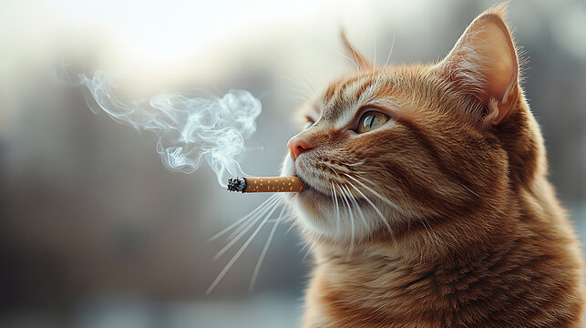 Profile shot of a sleek cat looking disapprovingly at a cigarette with smoke rising against a bright white backdrop ultra-sharp photo 