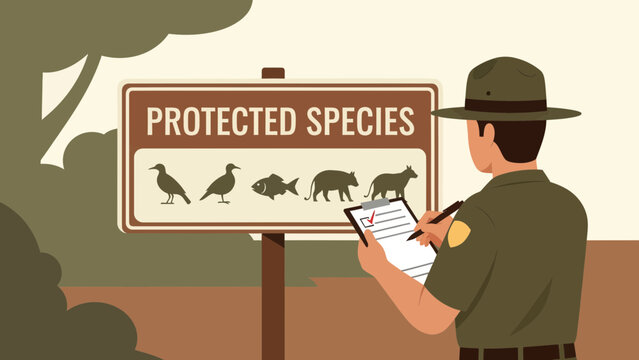 Ranger Inspecting Protected Species Sign In Wildlife Reserve Area With Clipboard