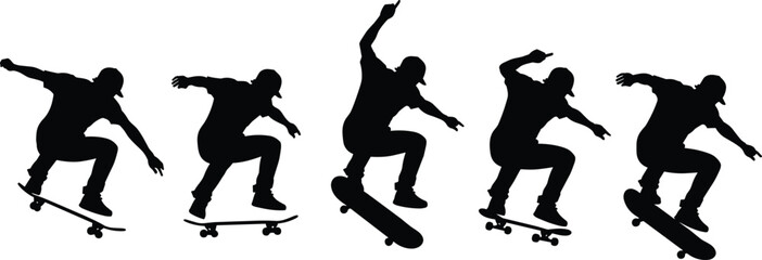 Collection of skateboarder silhouettes featuring a male athlete performing various extreme street tricks and jumping maneuvers isolated on white background for sports design © MH STOCK