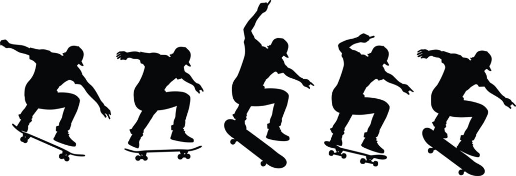 Collection of skateboarder silhouettes featuring a male athlete performing various extreme street tricks and jumping maneuvers isolated on white background for sports design